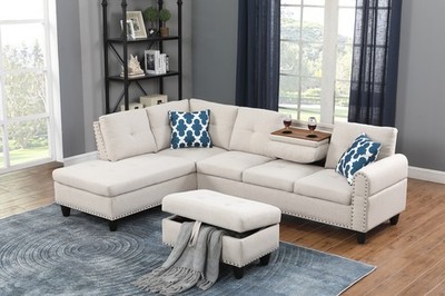 Storage Ottoman - Paired L - shaped Sofa in Beige