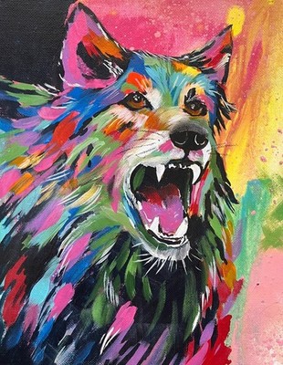 Buntes Wolf Gemälde Original Acryl Tierkunst Kühn Expressionist 20x25cm