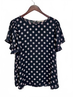 LOFT Black Printed Flutter Sleeve Blouse Size XL