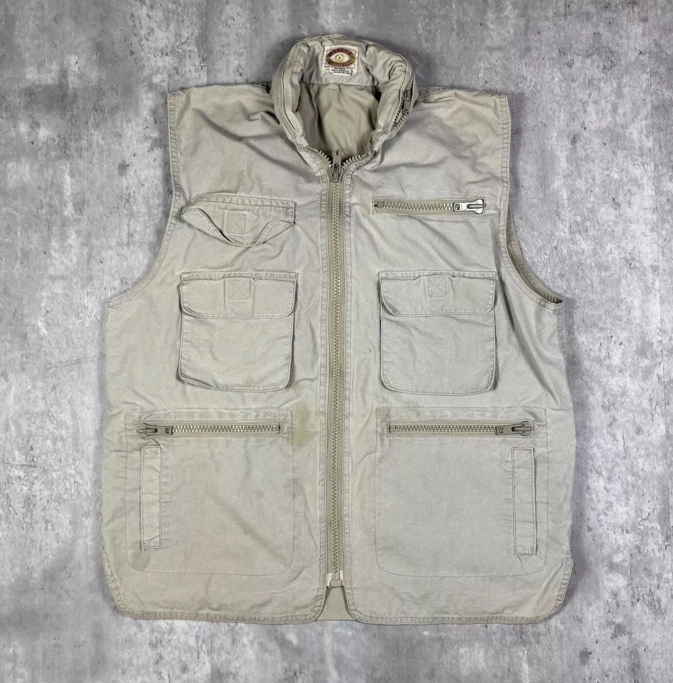 Vintage 70s 80s Banana Republic Fishing Vest Tan Fill Zip Utility Mens size M