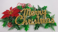 Vintage Merry Christmas Sign w/ Holly Flocked Poinsettia Plastic  Glitter