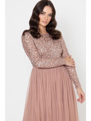Size 6) Maya Long Sleeve Maxi Tulle Bridesmaid Dress - Pink/Taupe Blush |  eBay UK