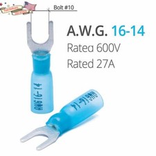  50 Blue Heat Shrink 14-16 AWG Spade Fork Wire Connector Terminal 10 Stud