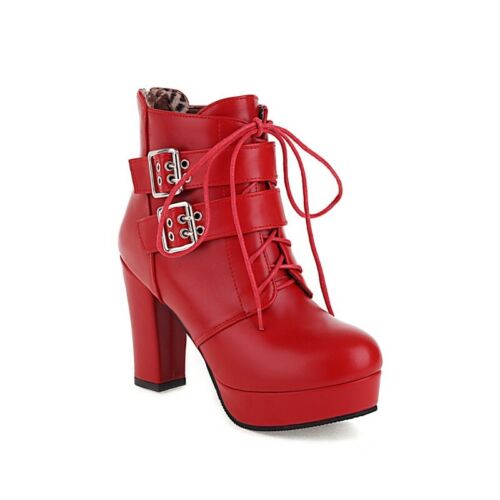 Women's Punk Ankle Boots Round Toe Block High Heel Buckle Platform Shoes 44-48 D - Picture 17 of 17