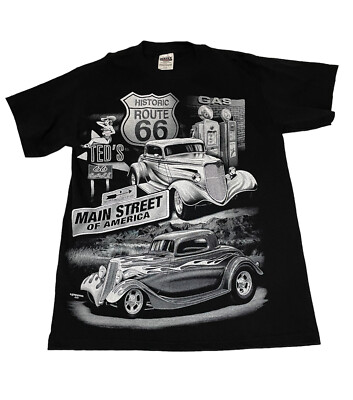 Vtg 90s Route 66 Mens Black Shirt L Tultex Double Sided Classic Cars 1997