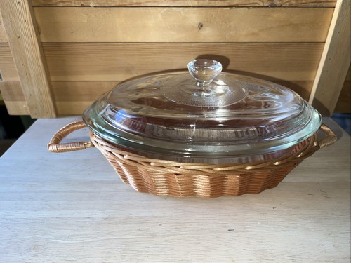 Vintage Glasbake 1 Quart Oval Glass Baking Dish Clear W/Lid & Basket J-235 NOS - Picture 3 of 17