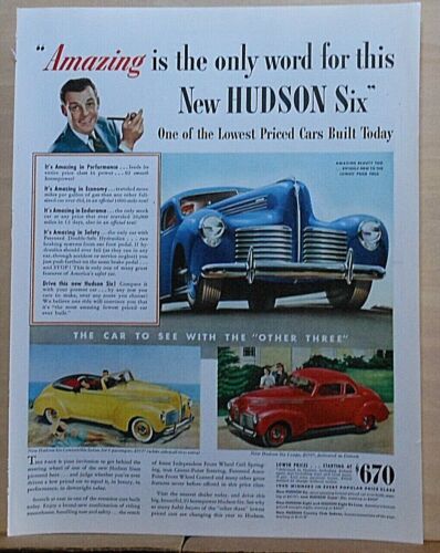 1941 magazine ad for Hudson - Amazing Hudson Six, Convertible, Coupe, colorful - Afbeelding 1 van 1