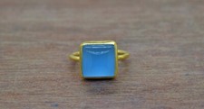 Gold Plated Square Shape Aqua Chalcedony Gemstone 925 Sterling Silver Ring Gifts