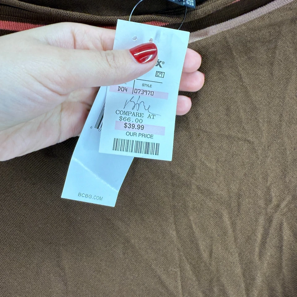 Novo Cabo Feminino BCBGMaxazria Tamanho Único Marrom Listrado Malha de Seda Gola Redonda Casual - Imagem 4 de 4