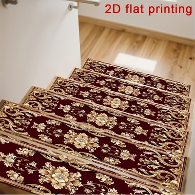 Deep Red Floral Patterned Stair Mat with Golden Edges, Non-Slip Step Mat + Pro