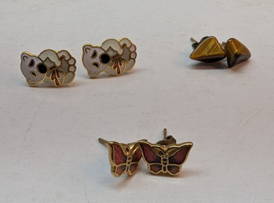SET OF 3 Stud Pierced Earrings Gold Tone Butterfly Bear Tiger Eye Gemstone