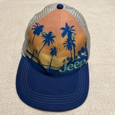 Jeep Hat Adjustable Trucker Cap Mesh Snap Back Beach Graphic Blue Teal White EUC