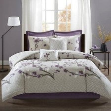 Madison Park 8 Piece Queen Cotton Comforter Set Scenery Floral Grey / Purple