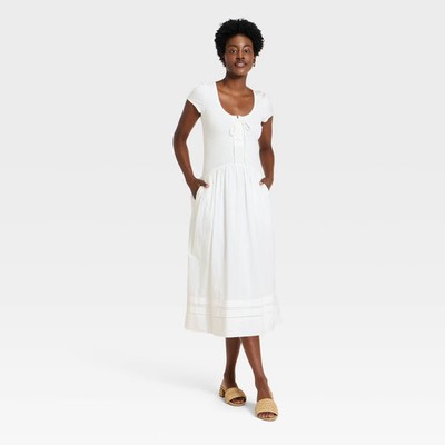 Women Western Cap Short Sleeve Maxi A-Line Dress - Universal Thread White