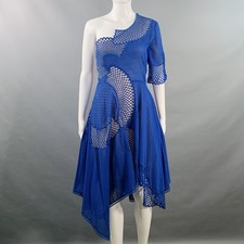 STELLA McCARTNEY Size 2 Royal Blue Nude Lace One Sleeve Midi Cocktail Dress