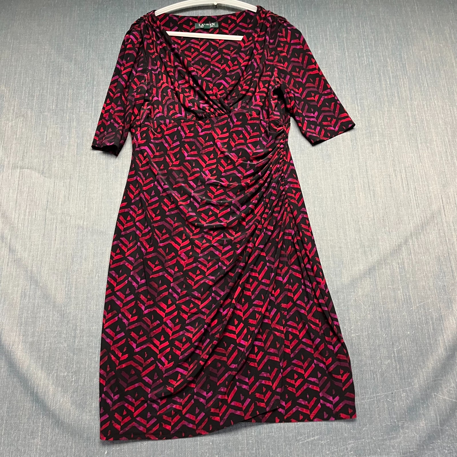 Lauren Ralph Lauren Women’s Sheath Dress Size 12 Pink Ruched Surplice Faux Wrap