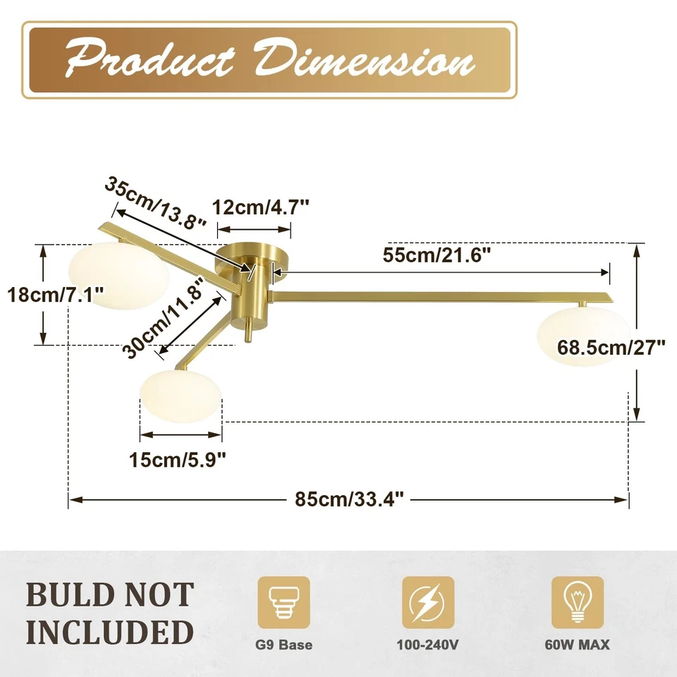 Lámpara de techo Sputnik de montaje empotrado de 3 luces, lámpara de araña de latón dorado centro... Foto 3 de 4
