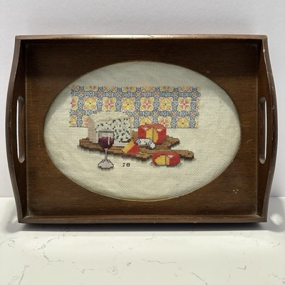 Sudberry House Wooden Serving Tray w/ Needlepoint Wine, Cheese, Cake 12½  X 9½ 