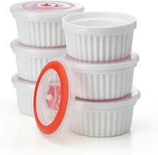 6-Pack 8 Oz Porcelain Ramekins with Lids, White Souffle Dishes for Baking, Creme