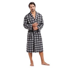 Mens Plaid 75 Cotton Flannel ShawlCollar Calf-Length Robe 2XL-3XL Big Black/Grey
