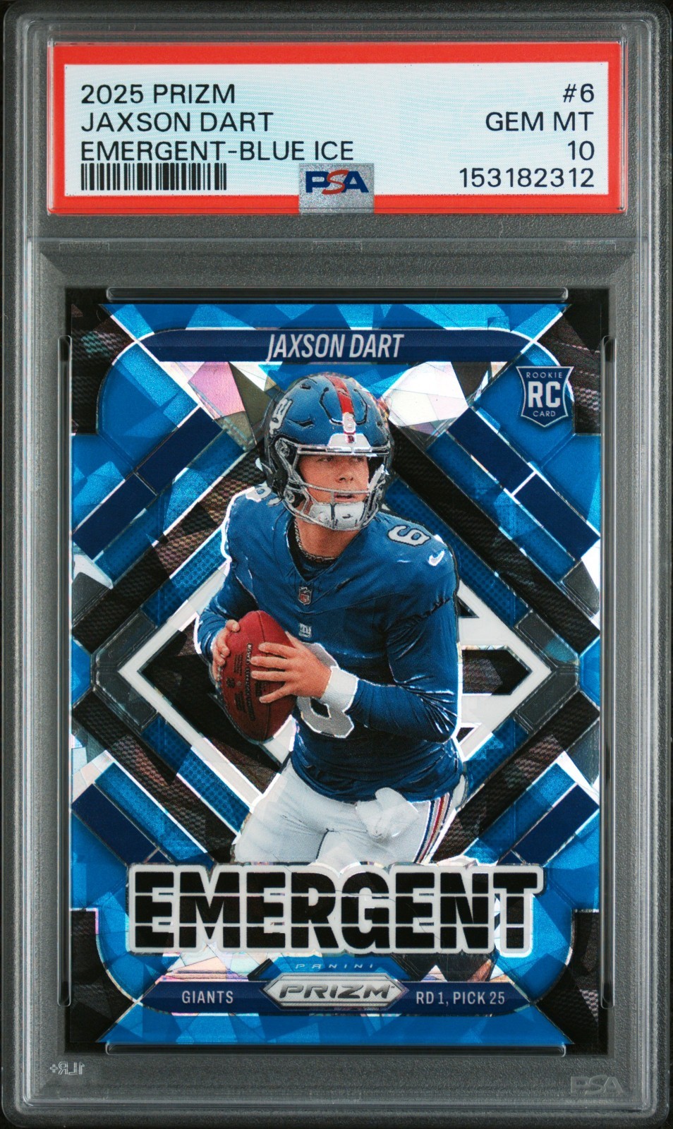 2025 Panini Prizm JAXSON DART Emergent Blue Ice Prizm #6 (RC) /99 Giants PSA 10