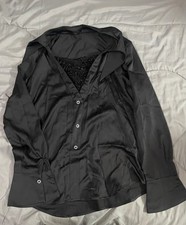 Damen Bluse Schwarz Satin V-Ausschnitt Spitze...
