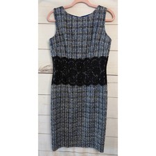 David Meister Blue Tweed Lace Waist Sheath Dress Metallic Size 12 URPMA574