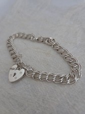 Vintage Silver Double Link Charm Bracelet With Heart Padlock & Safety Chain