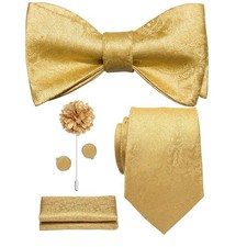 5Pcs Mens Gold Paisley Tie and Bowtie Lapel Pin Handkerchief Cufflink Set