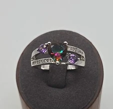 Simulated Rainbow Mystical Fire Topaz & Simulated Amethyst 925 Silver Ring - 8.5