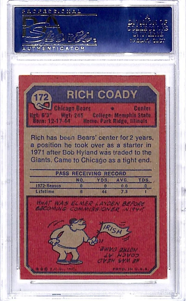 1973 Topps #172 Rich Coady Chicago Bears Football Card PSA 9 MINT ID:45473 - Image 2 of 2