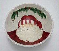 Mud Pie Hand Painted Wooden Santa Service Bowl Rustic Folk Art 12  New 