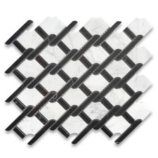 C2D1XP Carrara White Marble Princess Weave Black Rope Mosaic Tile Polished