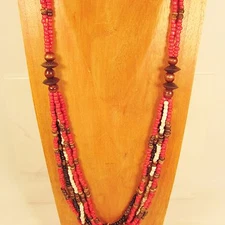 30" Long Multi Strand Red Handmade Coco Bead Wood Seed Bead Necklace