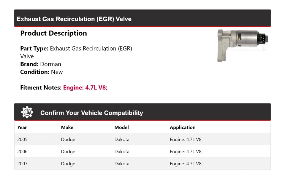 Válvula de recirculación de gases de escape (EGR) V8 V8 Dorman 2005-2007 Dodge Dakota Foto 2 de 4