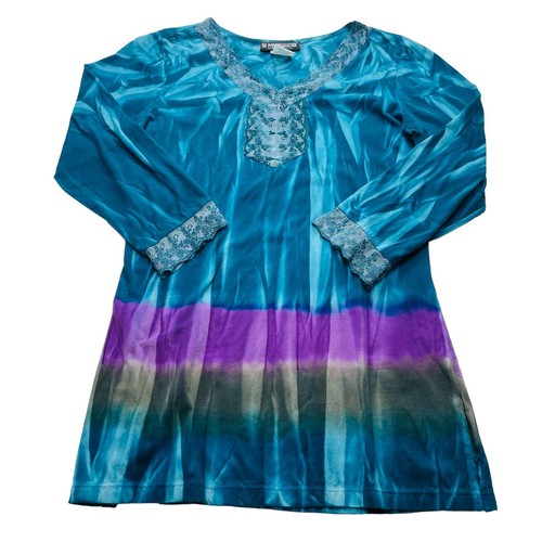 The Pyramid Collection Top Womens S Boho Blue Tie Dye Lace 3/4 Sleeve