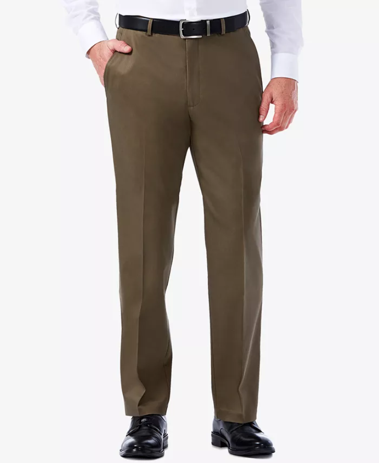 Haggar Uomo Pantaloni Casual Slim-Straight Iron Free - Vita Elasticizzata, Colore Cachi, Senza Stiro