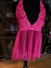 Vtg Victoria's Secret Hot Pink Nylon Lace Babydoll Slip Dress Halter Vamp S/P