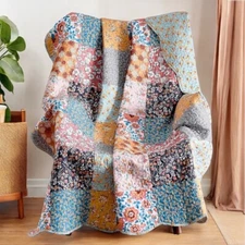 NEW Anthro Boho Cotton Colorful Floral Throw Blanket Bedspread Quilt - 50" x 60"