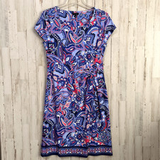 Talbots Sheath Dress Side Tie M Paisley India Ink print Blue Stretch Pullover