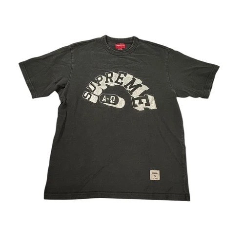 Chemise Supreme Homme Petit Noir Alpha Omega Logo Chrome Argent Ombre Graphique Tee