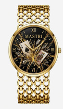MASTRI Quartz Watch Gold-Tone Bracelet Black Dial Roman Numerals Cards Theme