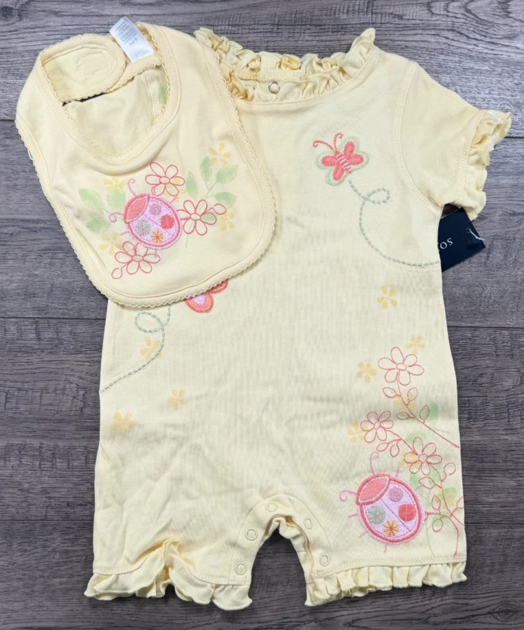 Baby Girl Clothes New Vintage Sonoma 6-9 Month 2pc Yellow Ladybug Romper + Bib