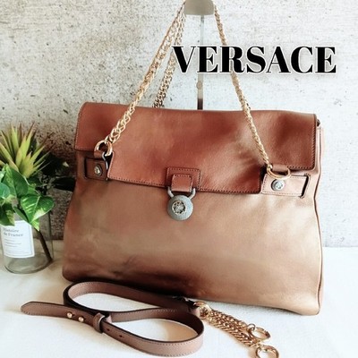 VERSACE Collection Logo Chain Shoulder Bag Hand Bag Leather Bronze x Brown Used