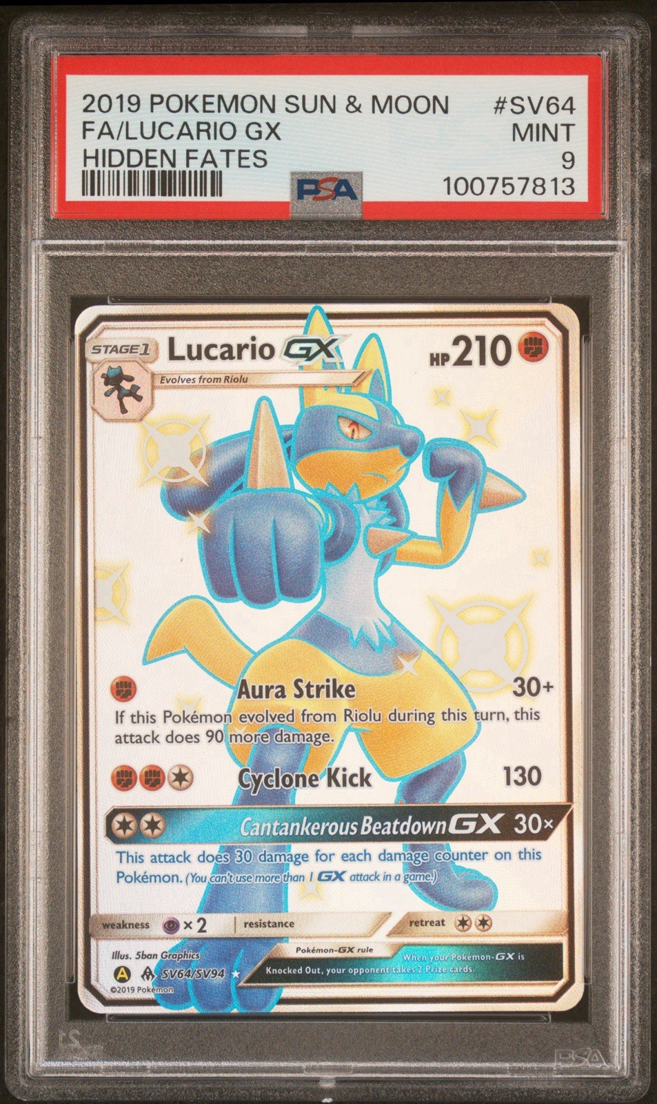 The Pokémon Company Lucario GX SV64/SV94 Holo EN Hidden Fates PSA 9 210 HP