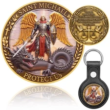 St Michael Keychain Medal 3D Relief Saint Michael Archangel Challenge Coin Re...
