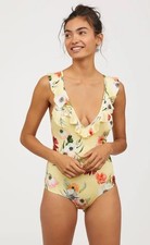 H M Frill-trimmed Yellow Flora One Piece Swimsuit - Size M