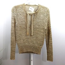 Vintage Jayna New York Metallic Knit Top Tie Neck Gold Sheer Sz XS