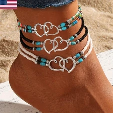 3Pcs Bohemia Double-Layer Beaded Heart Charms Multi-layer Anklet Bracelet Beach