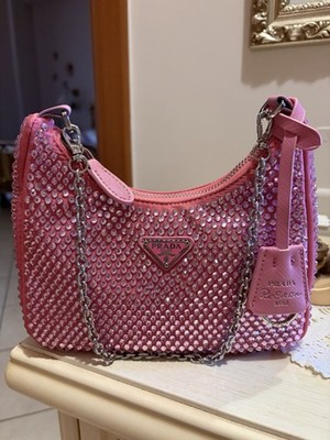 PRADA Re-Edition 2000 Mini Tasche Halbmond rosa mit Kristallen Kette Reißverschluss
